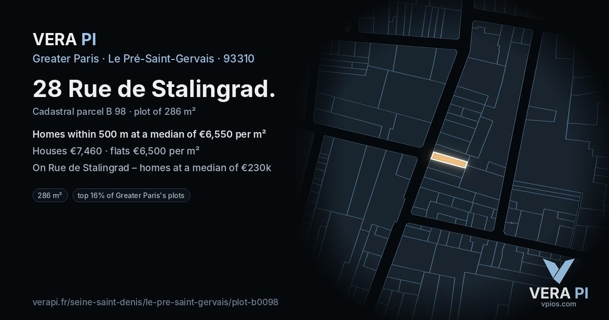 28 Rue de Stalingrad, Le Pré-Saint-Gervais at night – the plot lit, the parcels around coloured by the prices near them