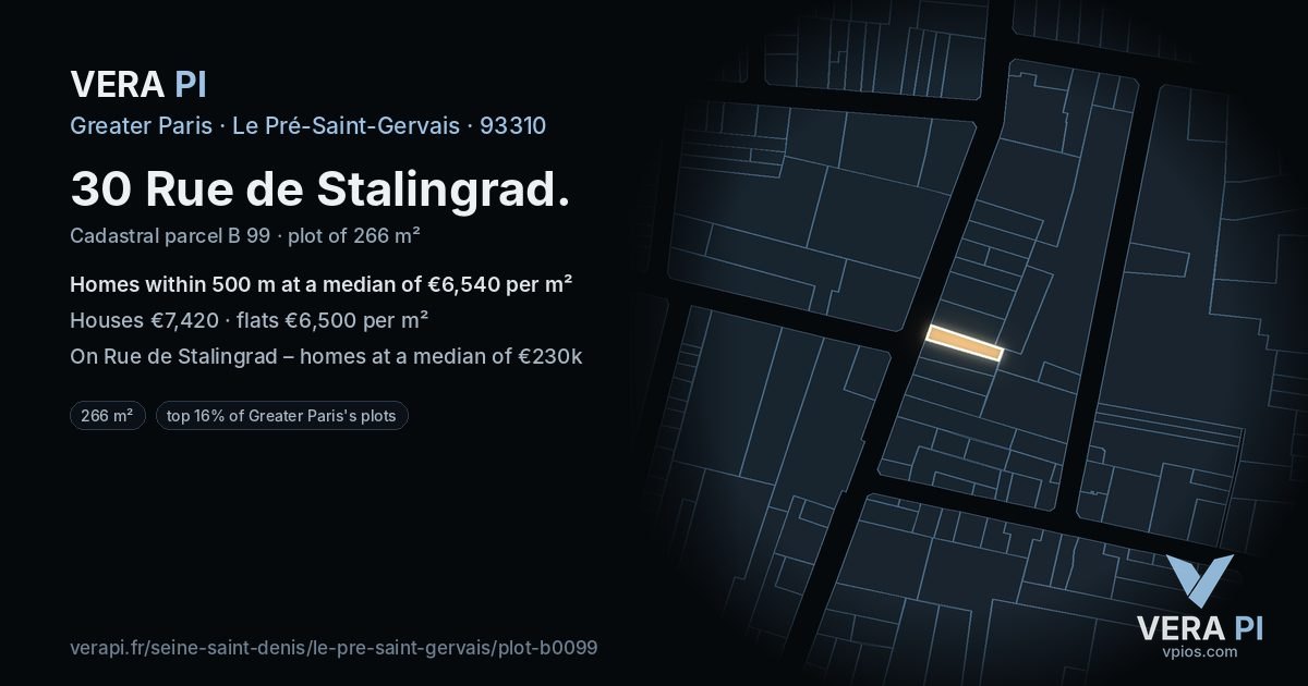 30 Rue de Stalingrad, Le Pré-Saint-Gervais at night – the plot lit, the parcels around coloured by the prices near them