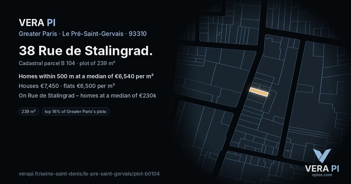 38 Rue de Stalingrad, Le Pré-Saint-Gervais at night – the plot lit, the parcels around coloured by the prices near them