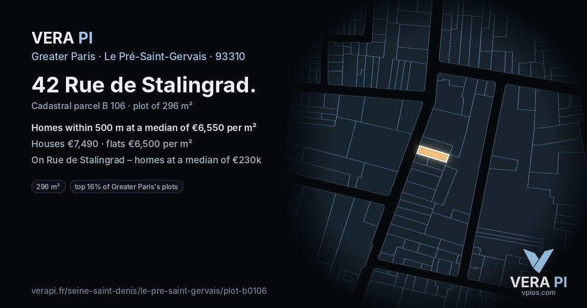 42 Rue de Stalingrad, Le Pré-Saint-Gervais at night – the plot lit, the parcels around coloured by the prices near them