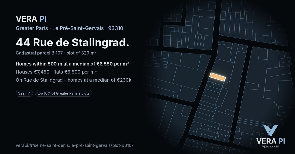 44 Rue de Stalingrad, Le Pré-Saint-Gervais at night – the plot lit, the parcels around coloured by the prices near them
