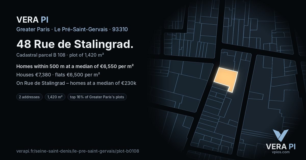48 Rue de Stalingrad, Le Pré-Saint-Gervais at night – the plot lit, the parcels around coloured by the prices near them