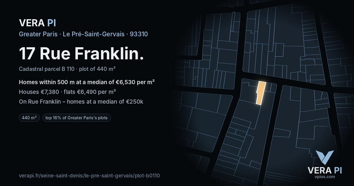 17 Rue Franklin, Le Pré-Saint-Gervais at night – the plot lit, the parcels around coloured by the prices near them