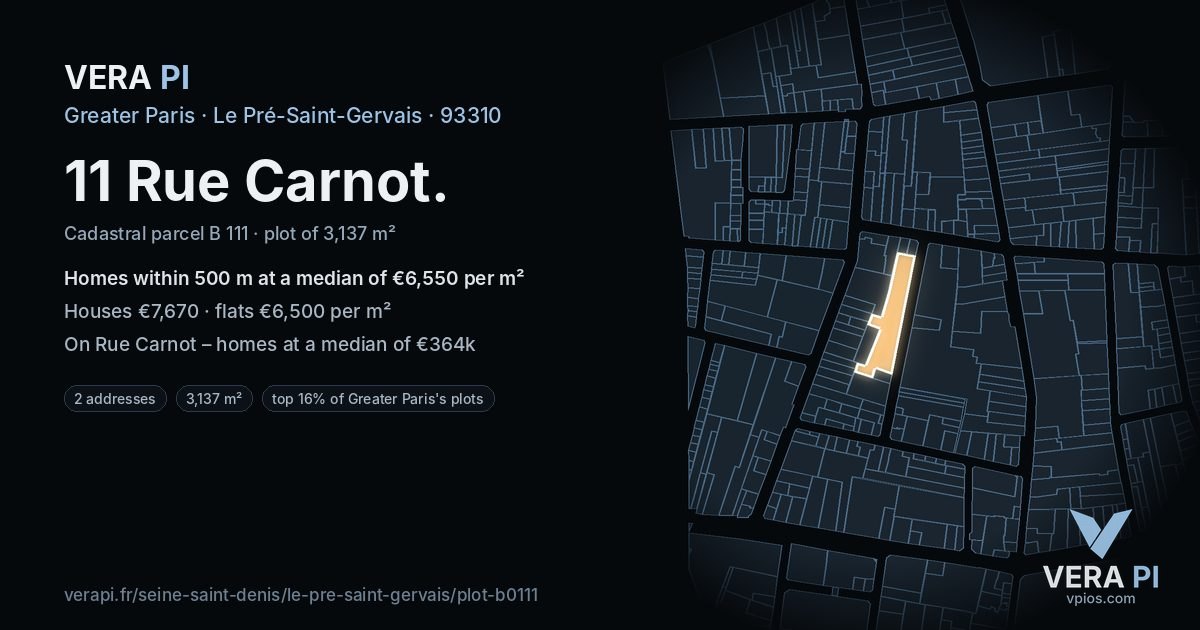 11 Rue Carnot, Le Pré-Saint-Gervais at night – the plot lit, the parcels around coloured by the prices near them