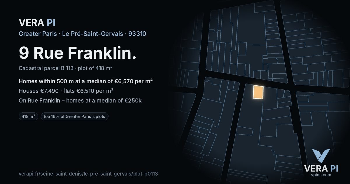9 Rue Franklin, Le Pré-Saint-Gervais at night – the plot lit, the parcels around coloured by the prices near them
