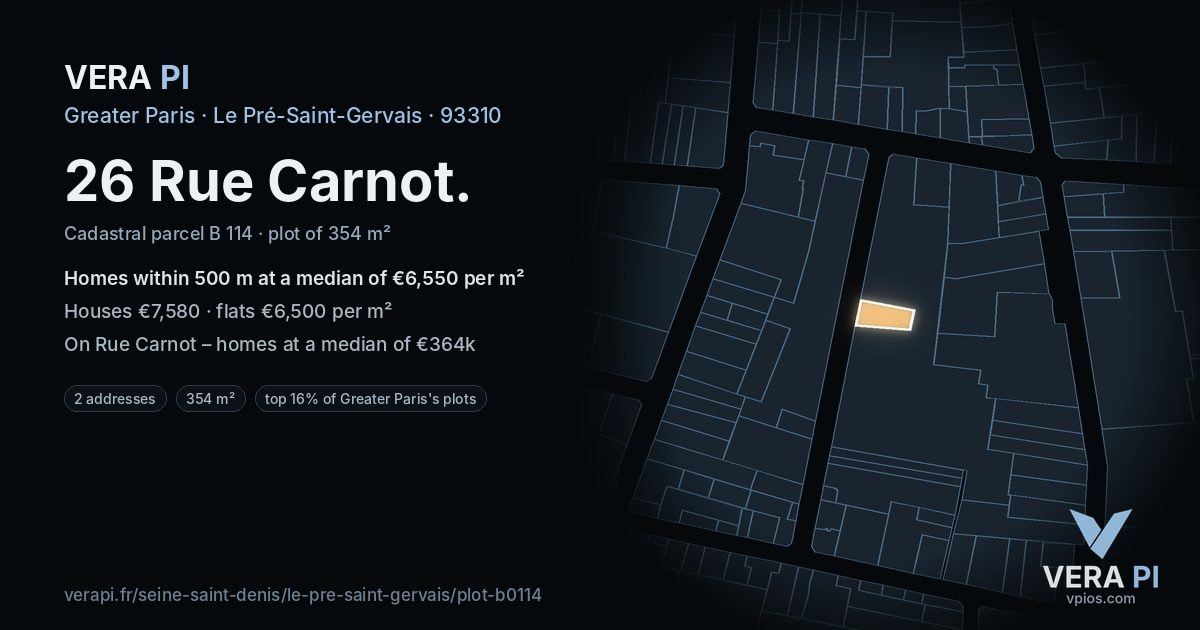 26 Rue Carnot, Le Pré-Saint-Gervais at night – the plot lit, the parcels around coloured by the prices near them