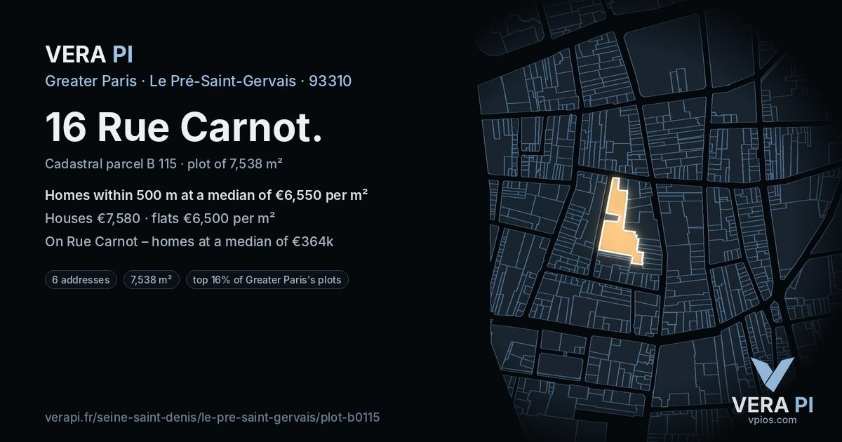 16 Rue Carnot, Le Pré-Saint-Gervais at night – the plot lit, the parcels around coloured by the prices near them