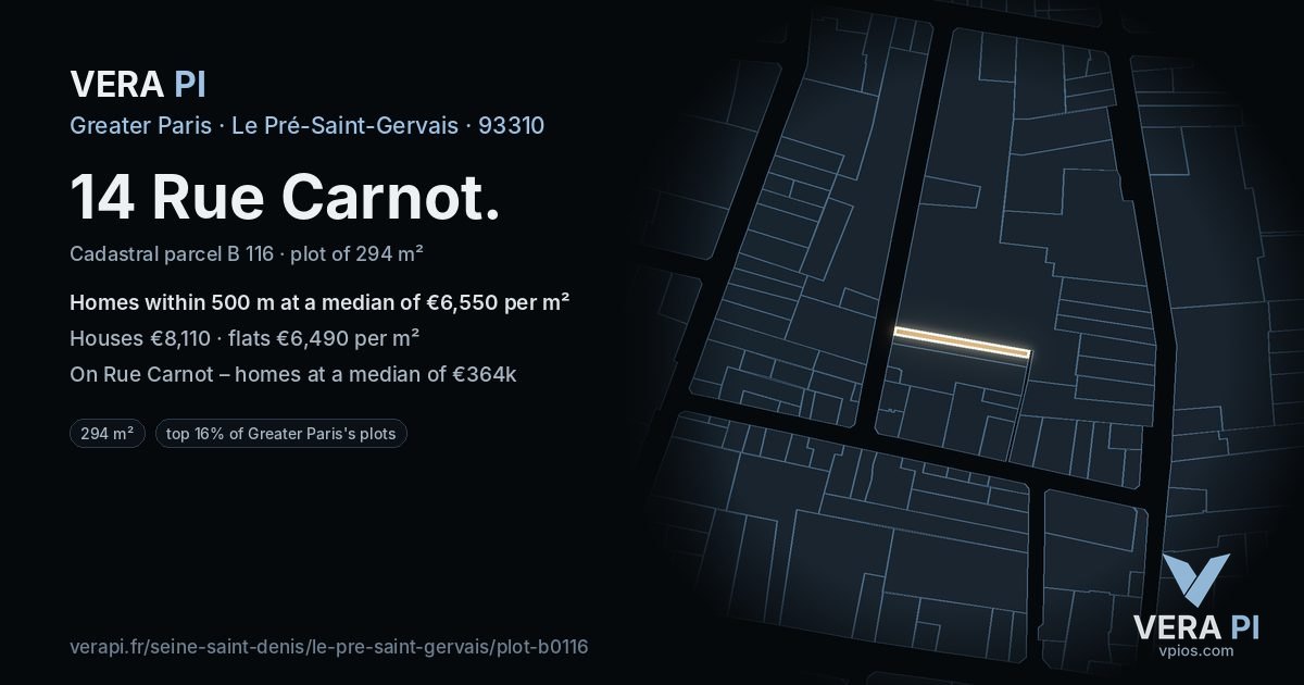 14 Rue Carnot, Le Pré-Saint-Gervais at night – the plot lit, the parcels around coloured by the prices near them