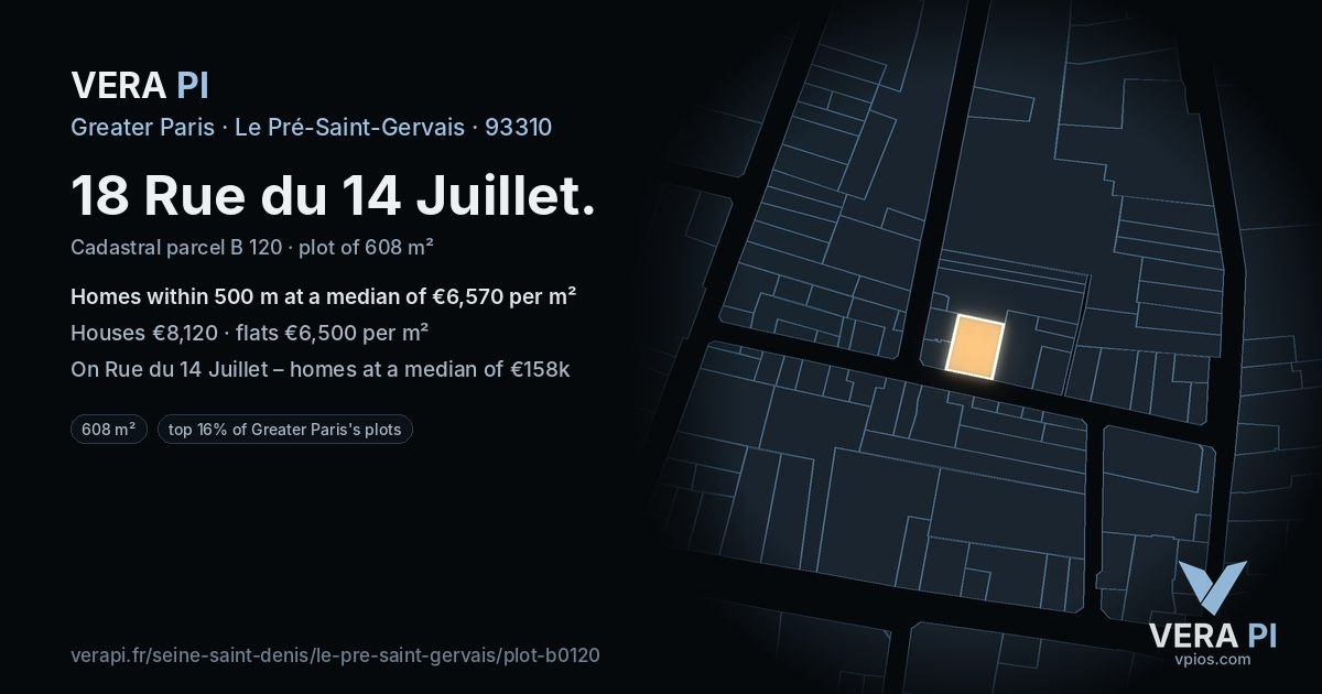 18 Rue du 14 Juillet, Le Pré-Saint-Gervais at night – the plot lit, the parcels around coloured by the prices near them