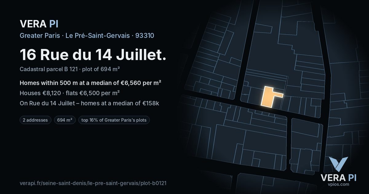 16 Rue du 14 Juillet, Le Pré-Saint-Gervais at night – the plot lit, the parcels around coloured by the prices near them