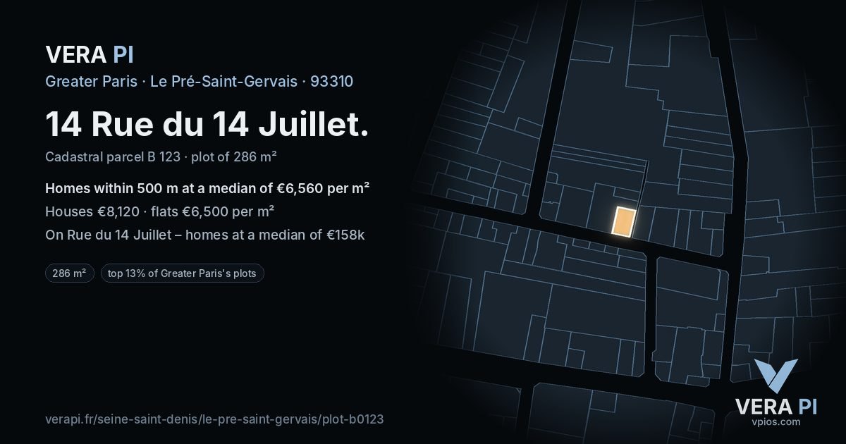 14 Rue du 14 Juillet, Le Pré-Saint-Gervais at night – the plot lit, the parcels around coloured by the prices near them