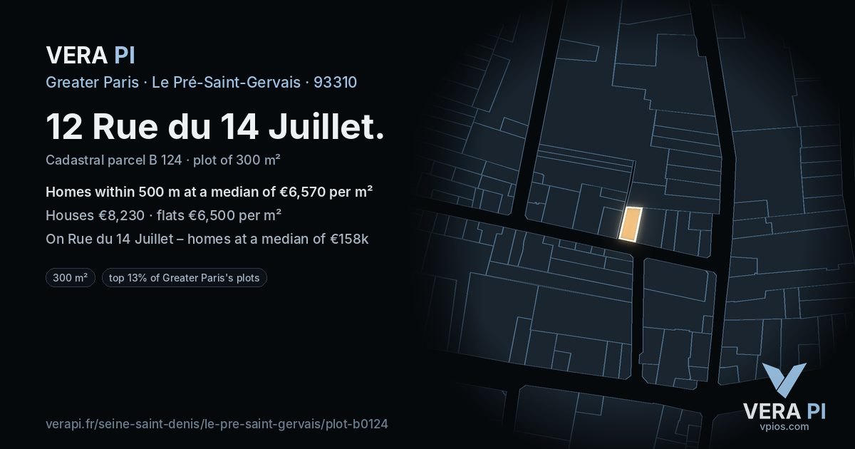 12 Rue du 14 Juillet, Le Pré-Saint-Gervais at night – the plot lit, the parcels around coloured by the prices near them