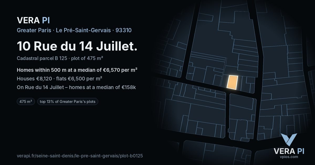 10 Rue du 14 Juillet, Le Pré-Saint-Gervais at night – the plot lit, the parcels around coloured by the prices near them