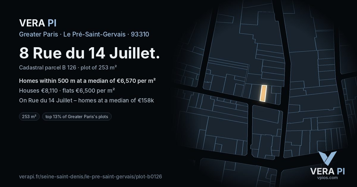8 Rue du 14 Juillet, Le Pré-Saint-Gervais at night – the plot lit, the parcels around coloured by the prices near them