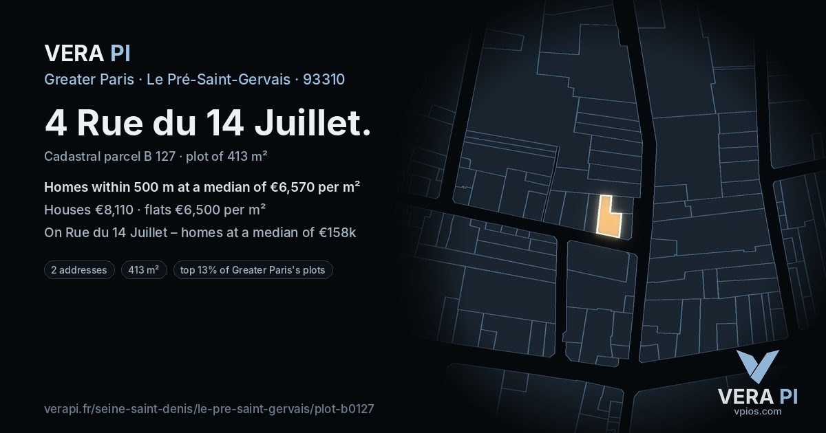 4 Rue du 14 Juillet, Le Pré-Saint-Gervais at night – the plot lit, the parcels around coloured by the prices near them