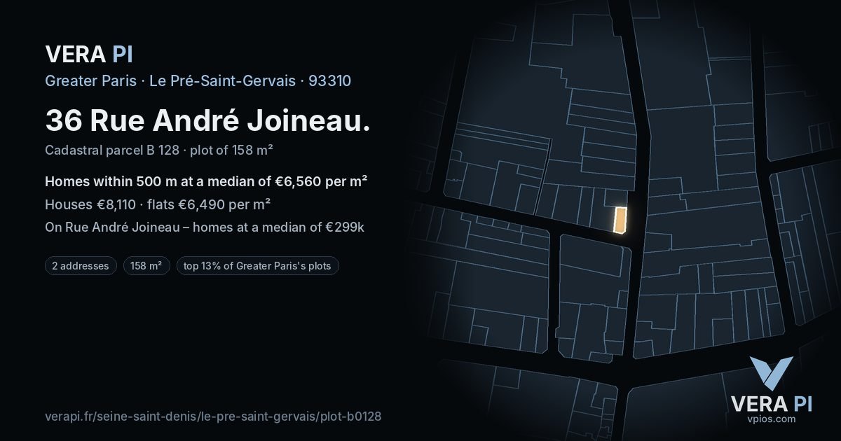 36 Rue André Joineau, Le Pré-Saint-Gervais at night – the plot lit, the parcels around coloured by the prices near them