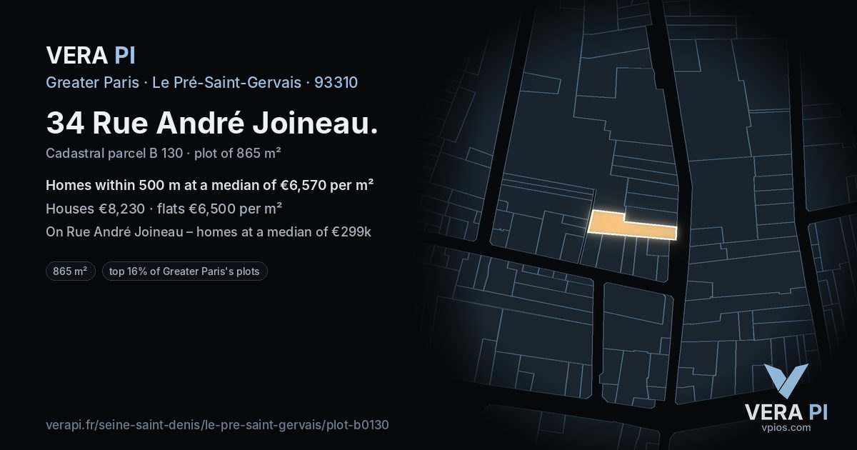 34 Rue André Joineau, Le Pré-Saint-Gervais at night – the plot lit, the parcels around coloured by the prices near them