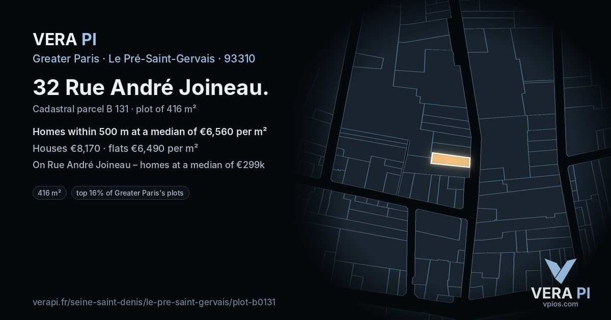 32 Rue André Joineau, Le Pré-Saint-Gervais at night – the plot lit, the parcels around coloured by the prices near them