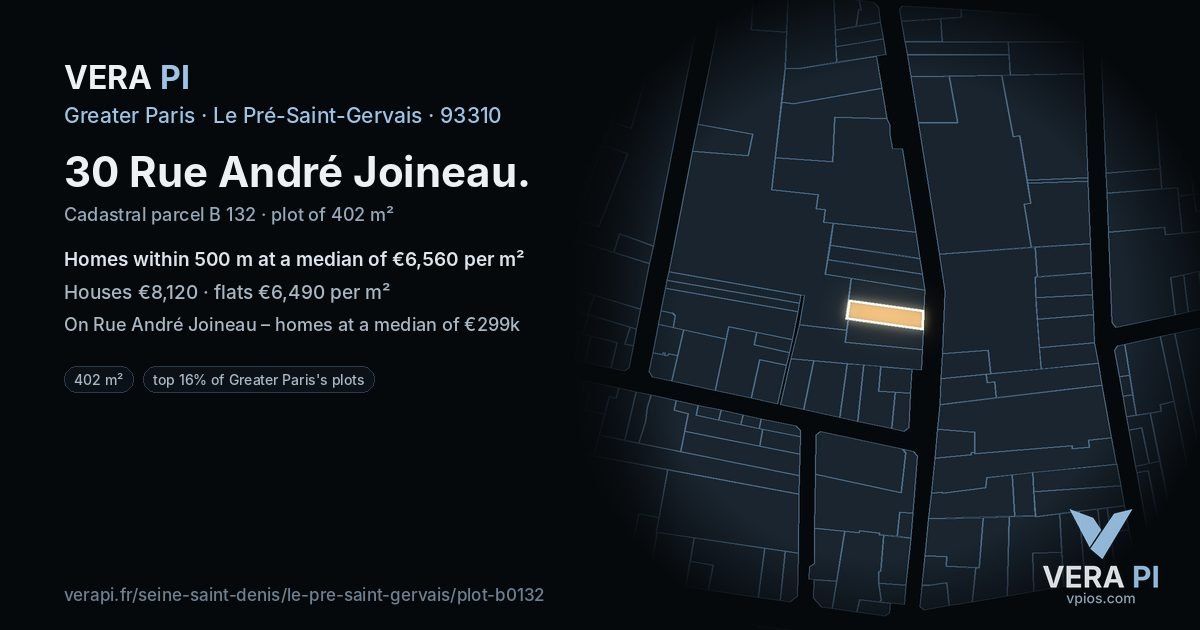 30 Rue André Joineau, Le Pré-Saint-Gervais at night – the plot lit, the parcels around coloured by the prices near them