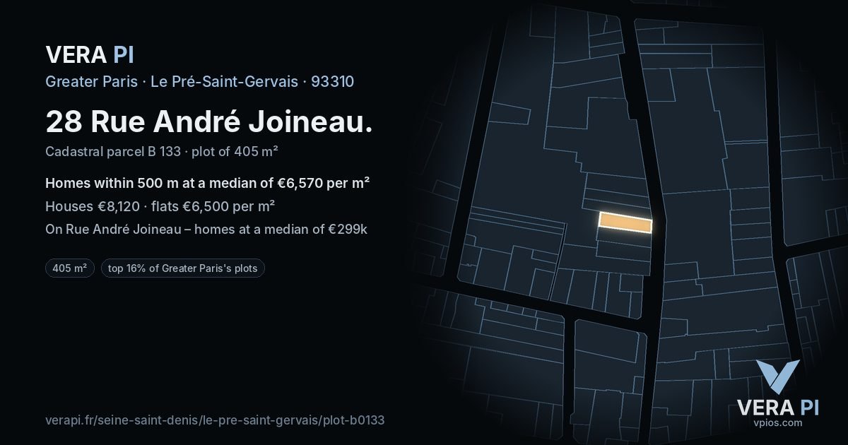 28 Rue André Joineau, Le Pré-Saint-Gervais at night – the plot lit, the parcels around coloured by the prices near them