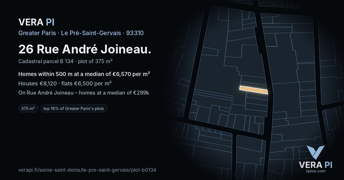 26 Rue André Joineau, Le Pré-Saint-Gervais at night – the plot lit, the parcels around coloured by the prices near them