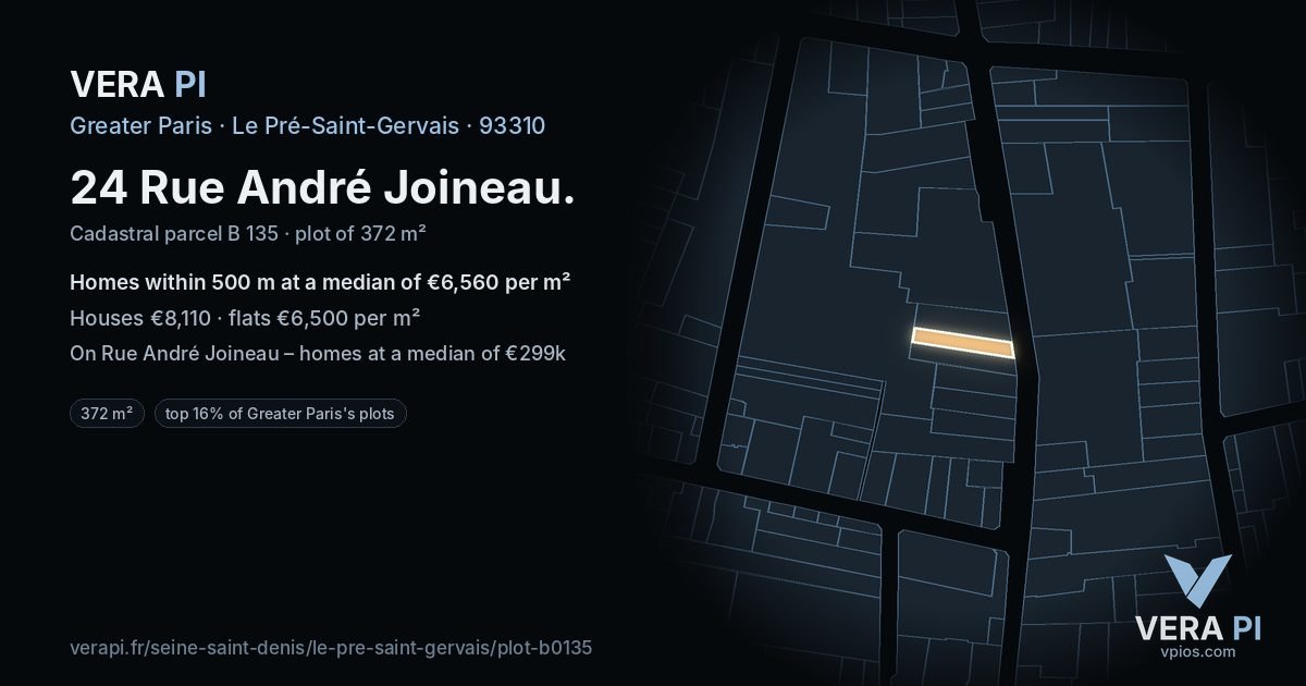 24 Rue André Joineau, Le Pré-Saint-Gervais at night – the plot lit, the parcels around coloured by the prices near them
