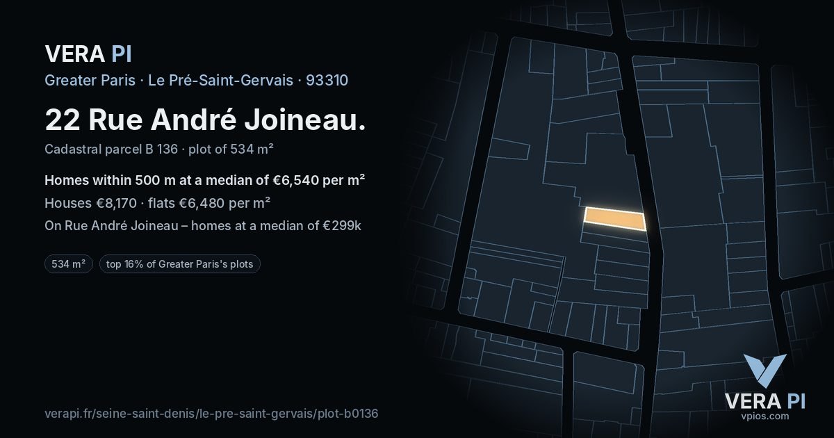 22 Rue André Joineau, Le Pré-Saint-Gervais at night – the plot lit, the parcels around coloured by the prices near them