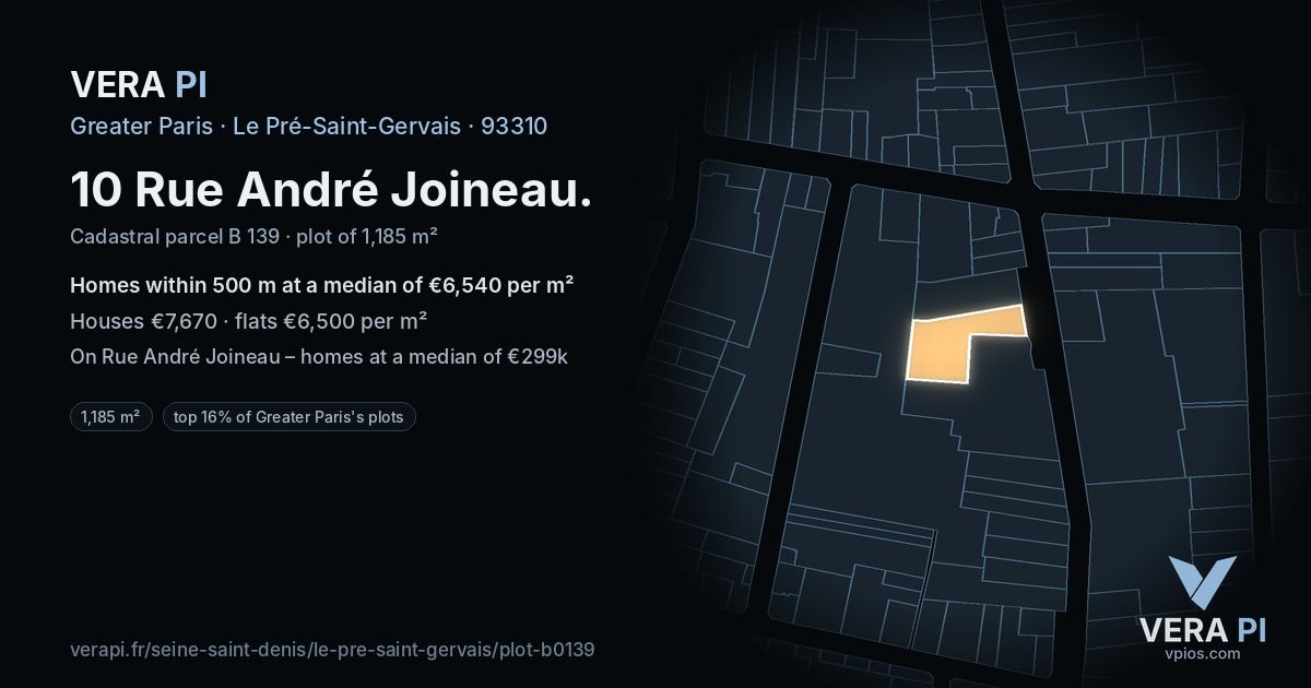 10 Rue André Joineau, Le Pré-Saint-Gervais at night – the plot lit, the parcels around coloured by the prices near them