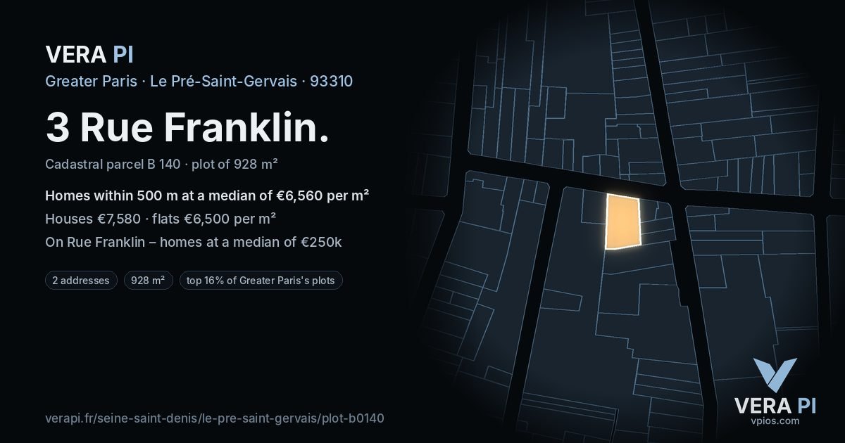 3 Rue Franklin, Le Pré-Saint-Gervais at night – the plot lit, the parcels around coloured by the prices near them