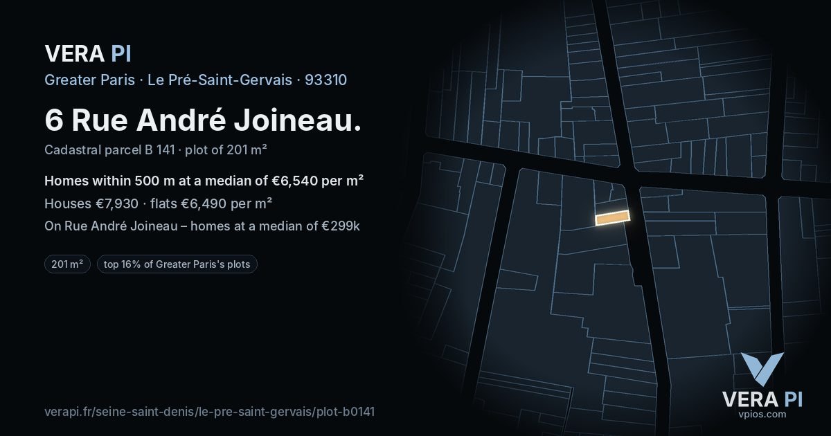 6 Rue André Joineau, Le Pré-Saint-Gervais at night – the plot lit, the parcels around coloured by the prices near them