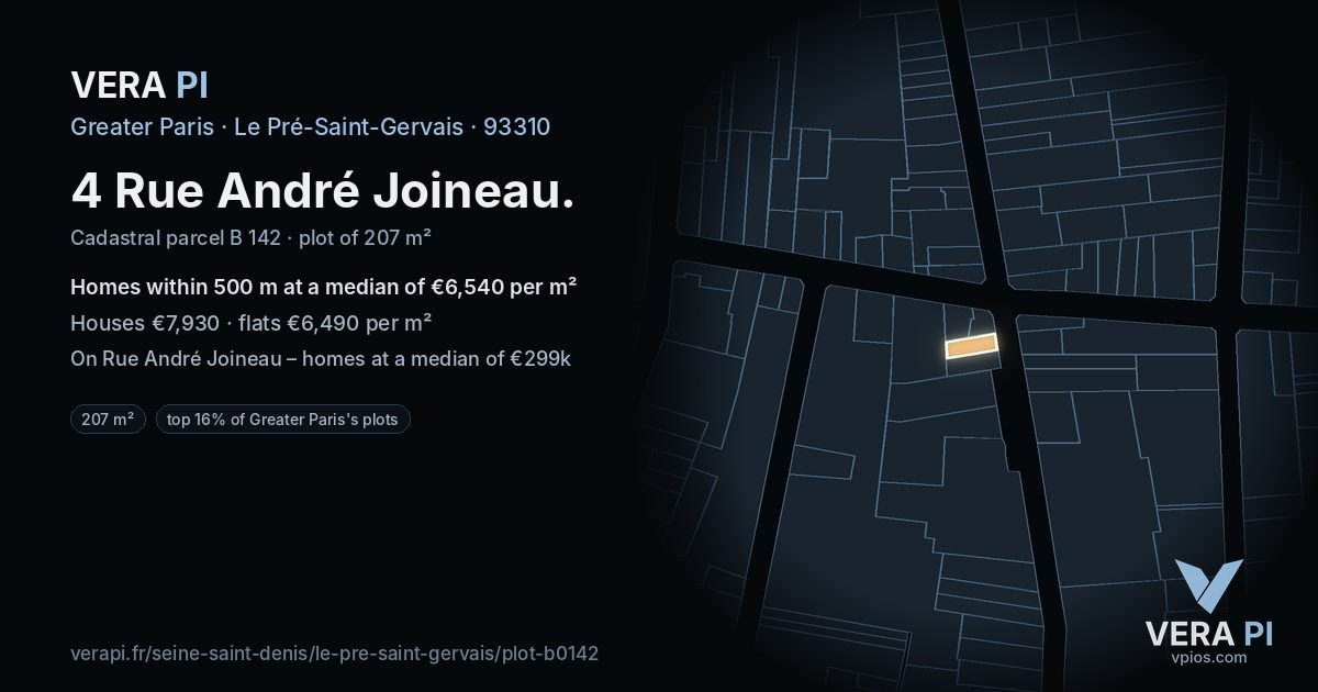 4 Rue André Joineau, Le Pré-Saint-Gervais at night – the plot lit, the parcels around coloured by the prices near them