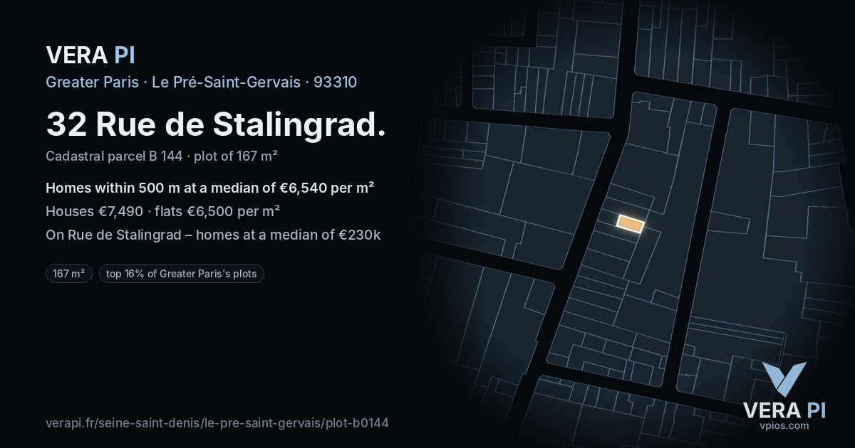 32 Rue de Stalingrad, Le Pré-Saint-Gervais at night – the plot lit, the parcels around coloured by the prices near them