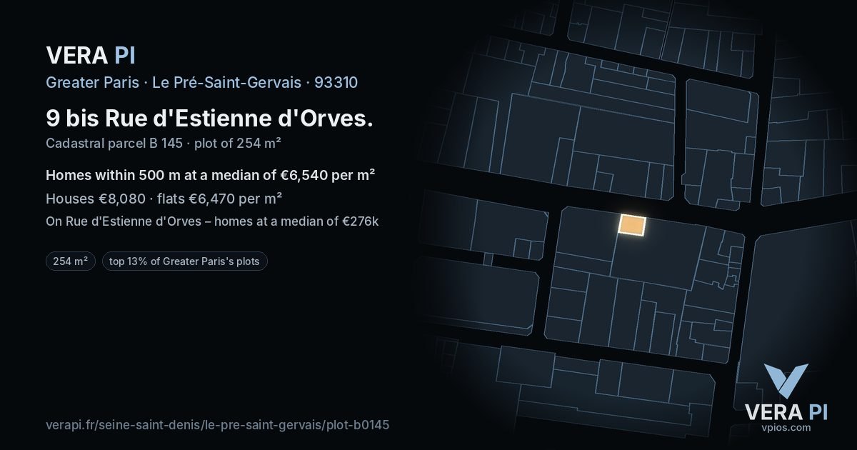 9 bis Rue d'Estienne d'Orves, Le Pré-Saint-Gervais at night – the plot lit, the parcels around coloured by the prices near them