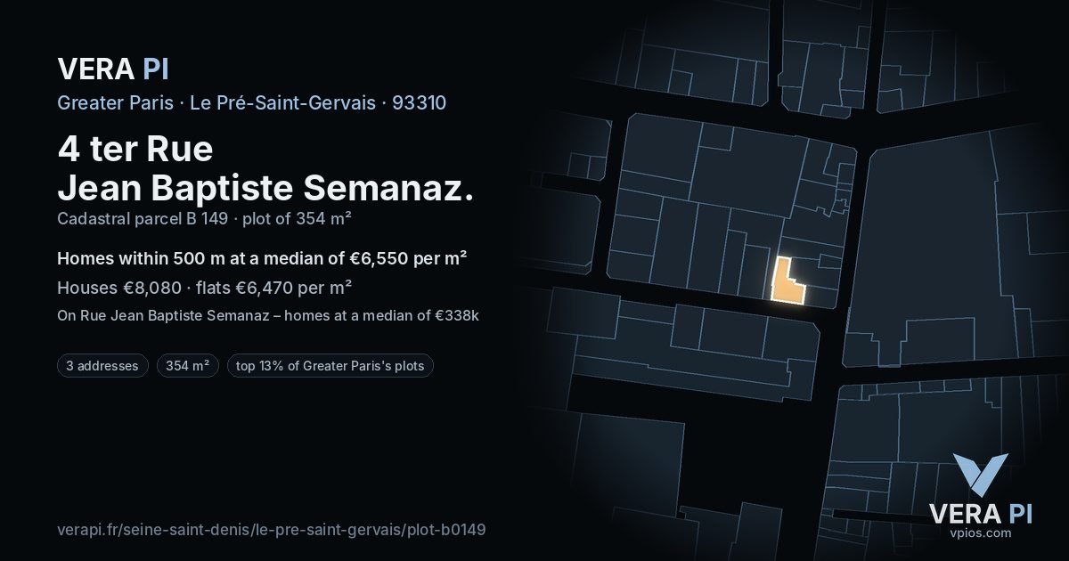 4 ter Rue Jean Baptiste Semanaz, Le Pré-Saint-Gervais at night – the plot lit, the parcels around coloured by the prices near them
