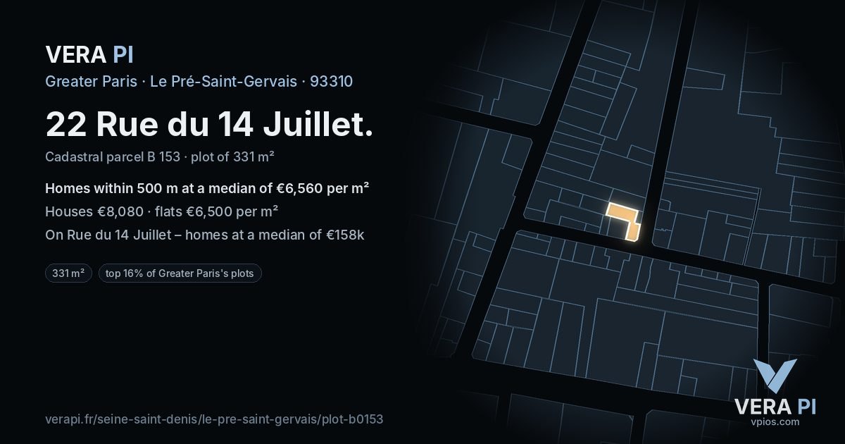 22 Rue du 14 Juillet, Le Pré-Saint-Gervais at night – the plot lit, the parcels around coloured by the prices near them