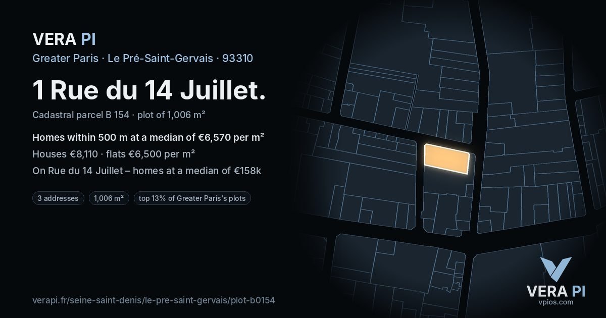 1 Rue du 14 Juillet, Le Pré-Saint-Gervais at night – the plot lit, the parcels around coloured by the prices near them