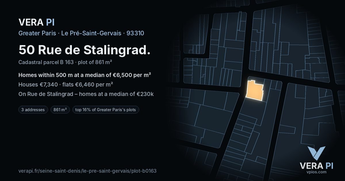 50 Rue de Stalingrad, Le Pré-Saint-Gervais at night – the plot lit, the parcels around coloured by the prices near them