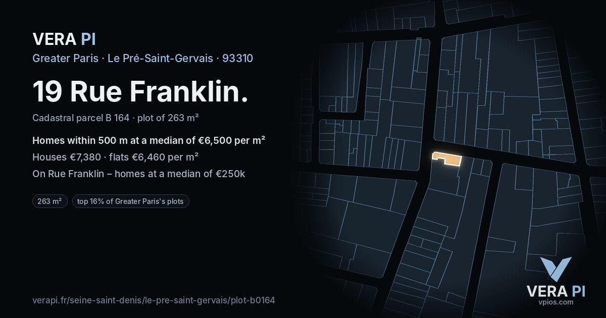 19 Rue Franklin, Le Pré-Saint-Gervais at night – the plot lit, the parcels around coloured by the prices near them