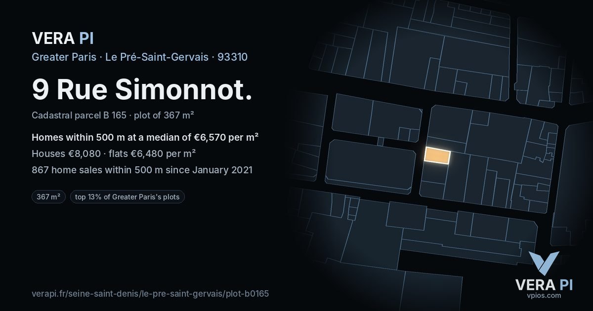 9 Rue Simonnot, Le Pré-Saint-Gervais at night – the plot lit, the parcels around coloured by the prices near them