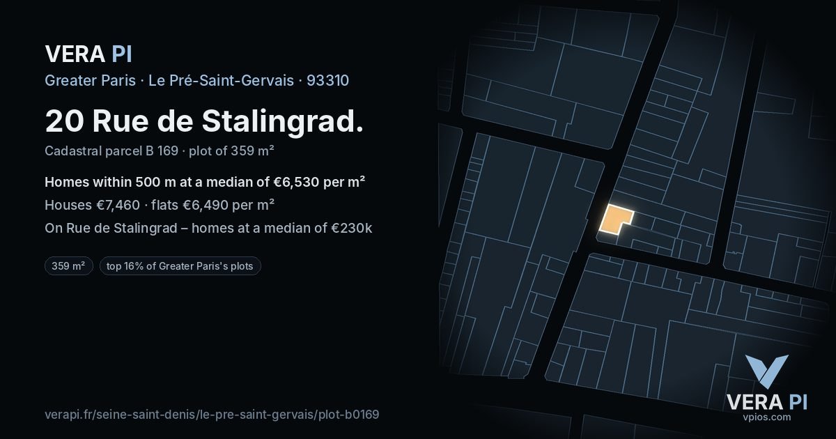 20 Rue de Stalingrad, Le Pré-Saint-Gervais at night – the plot lit, the parcels around coloured by the prices near them