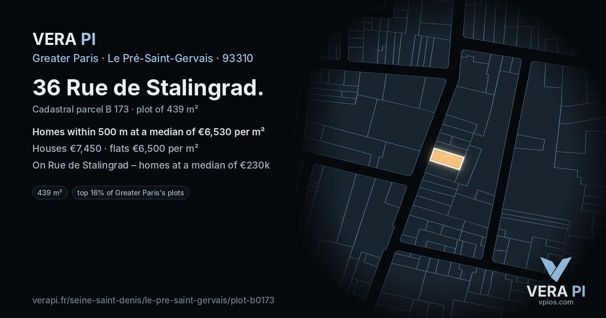 36 Rue de Stalingrad, Le Pré-Saint-Gervais at night – the plot lit, the parcels around coloured by the prices near them