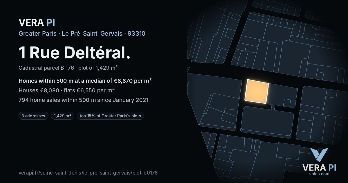 1 Rue Deltéral, Le Pré-Saint-Gervais at night – the plot lit, the parcels around coloured by the prices near them
