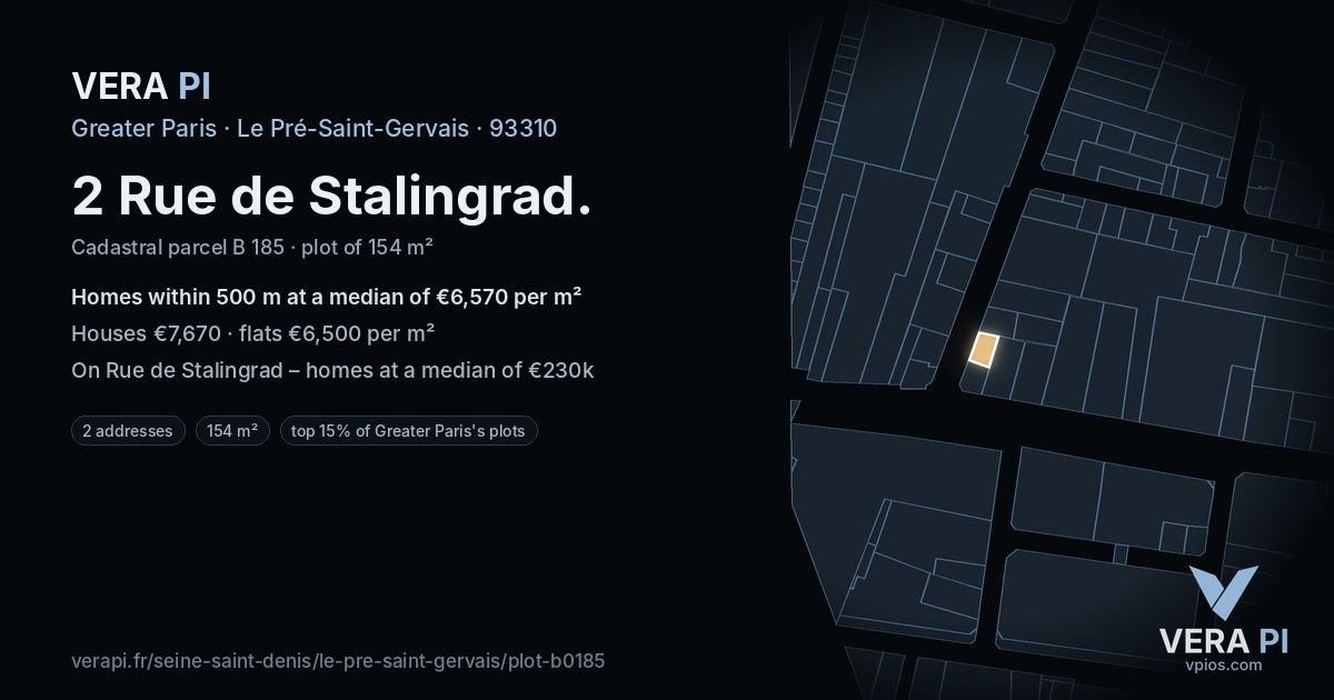 2 Rue de Stalingrad, Le Pré-Saint-Gervais at night – the plot lit, the parcels around coloured by the prices near them
