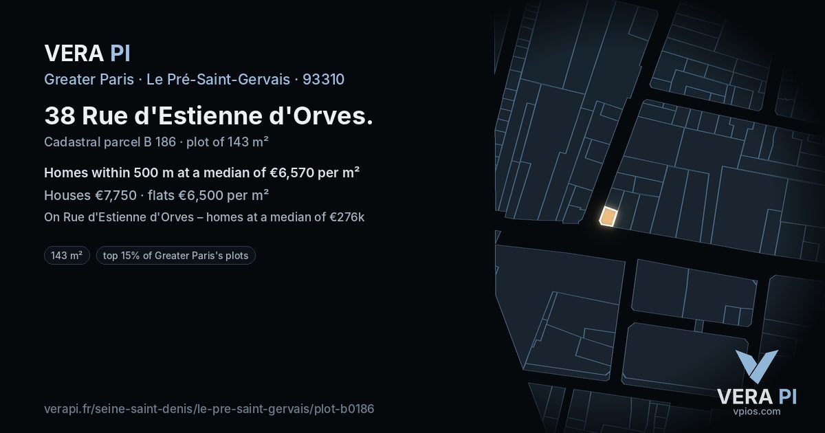 38 Rue d'Estienne d'Orves, Le Pré-Saint-Gervais at night – the plot lit, the parcels around coloured by the prices near them
