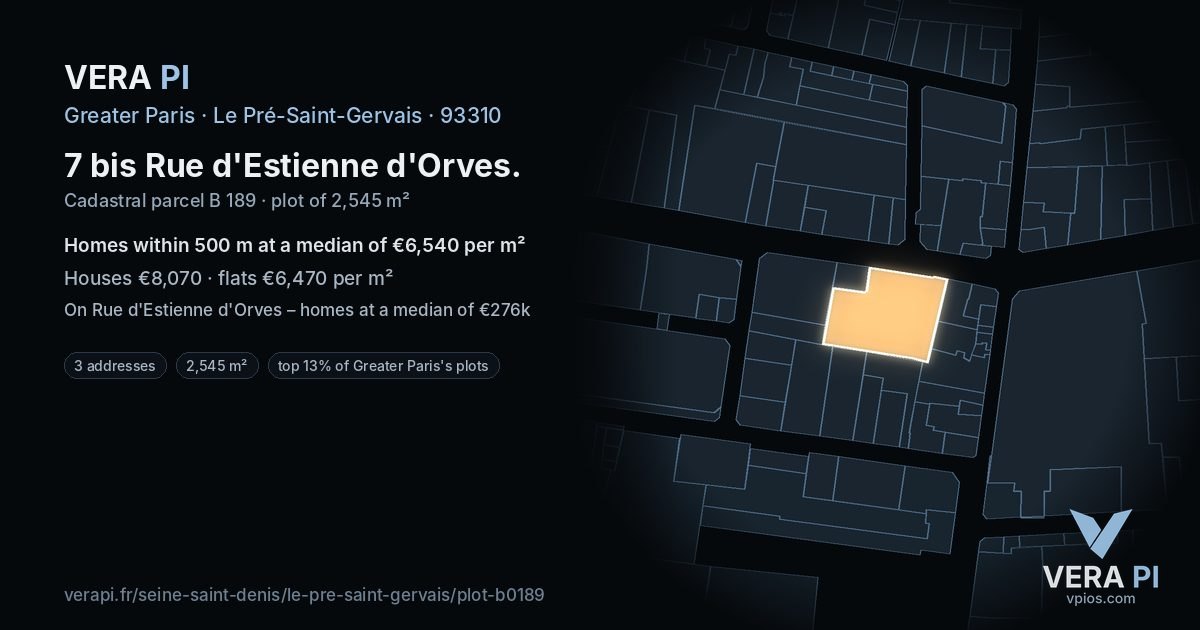 7 bis Rue d'Estienne d'Orves, Le Pré-Saint-Gervais at night – the plot lit, the parcels around coloured by the prices near them