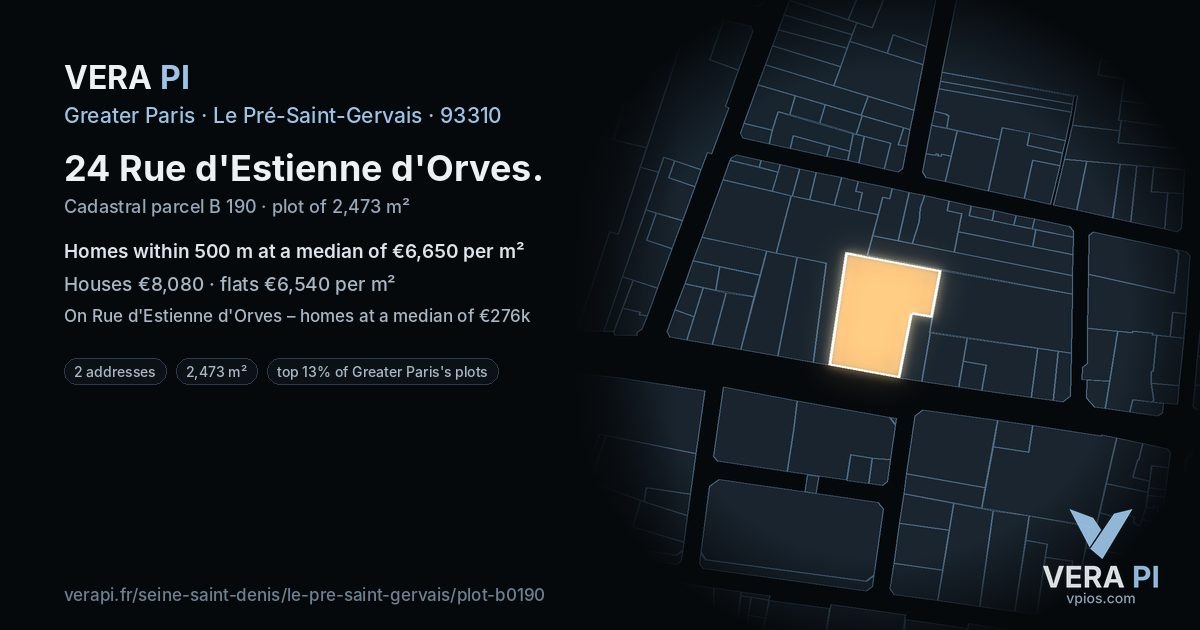 24 Rue d'Estienne d'Orves, Le Pré-Saint-Gervais at night – the plot lit, the parcels around coloured by the prices near them