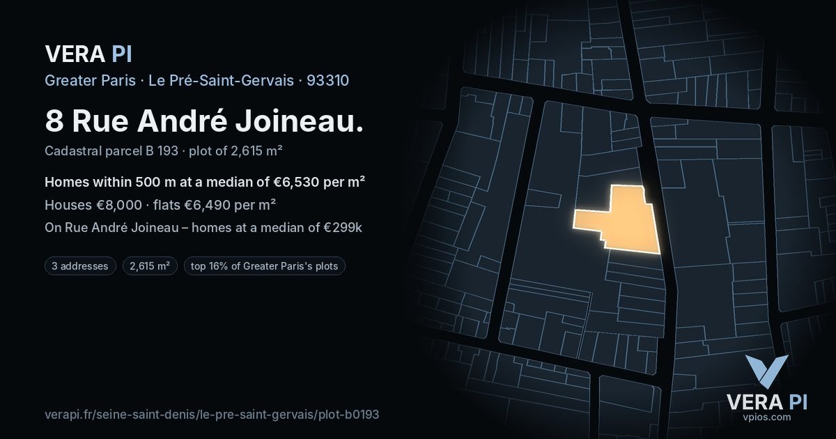 8 Rue André Joineau, Le Pré-Saint-Gervais at night – the plot lit, the parcels around coloured by the prices near them