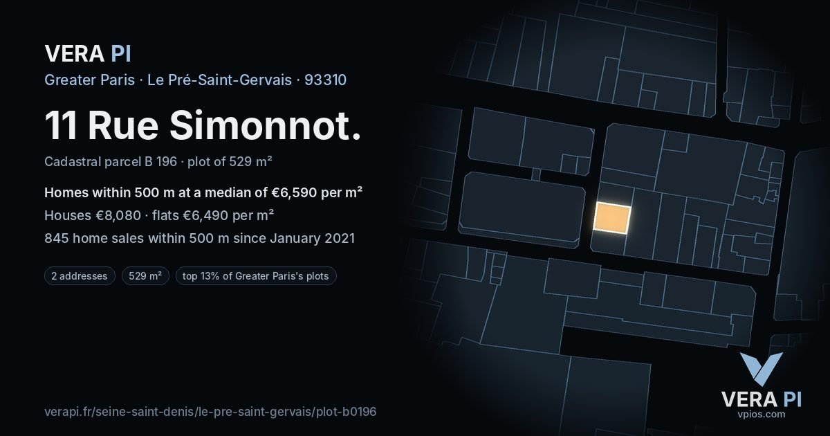 11 Rue Simonnot, Le Pré-Saint-Gervais at night – the plot lit, the parcels around coloured by the prices near them