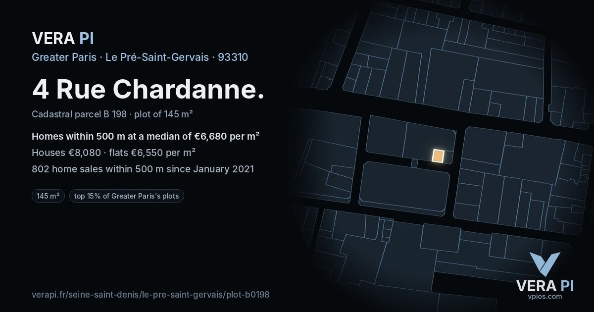 4 Rue Chardanne, Le Pré-Saint-Gervais at night – the plot lit, the parcels around coloured by the prices near them