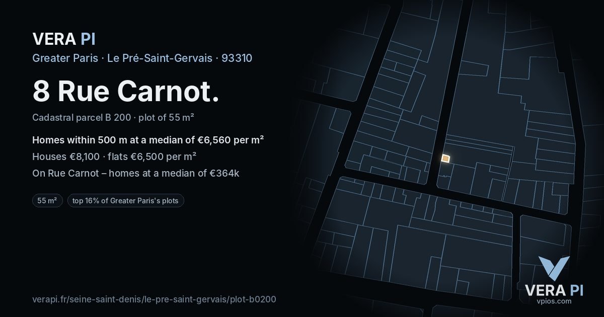 8 Rue Carnot, Le Pré-Saint-Gervais at night – the plot lit, the parcels around coloured by the prices near them
